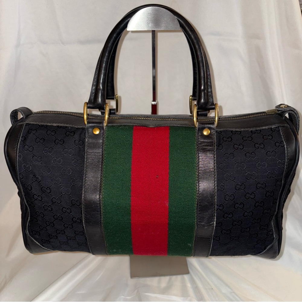 Gucci VINTAGE 1960’s Sherry Web Stripe Boston Bag Black GG Canvas & Leather